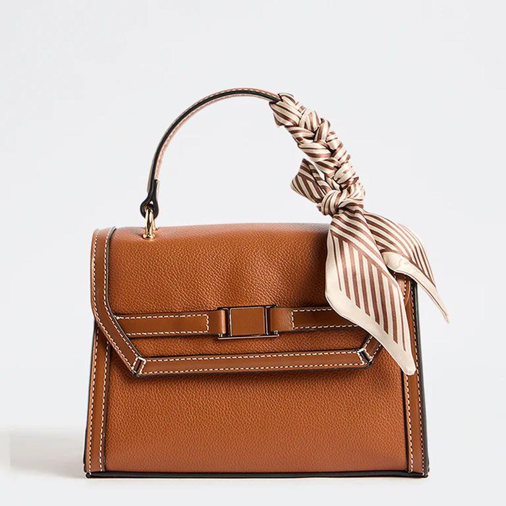 Westside Brown Textured Satchel Bag with a Scarf