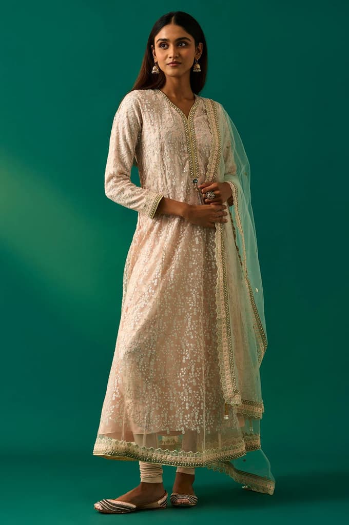 Beige Embroidered Anarkali Net Kurta with Churidar and Dupatta Set — XS