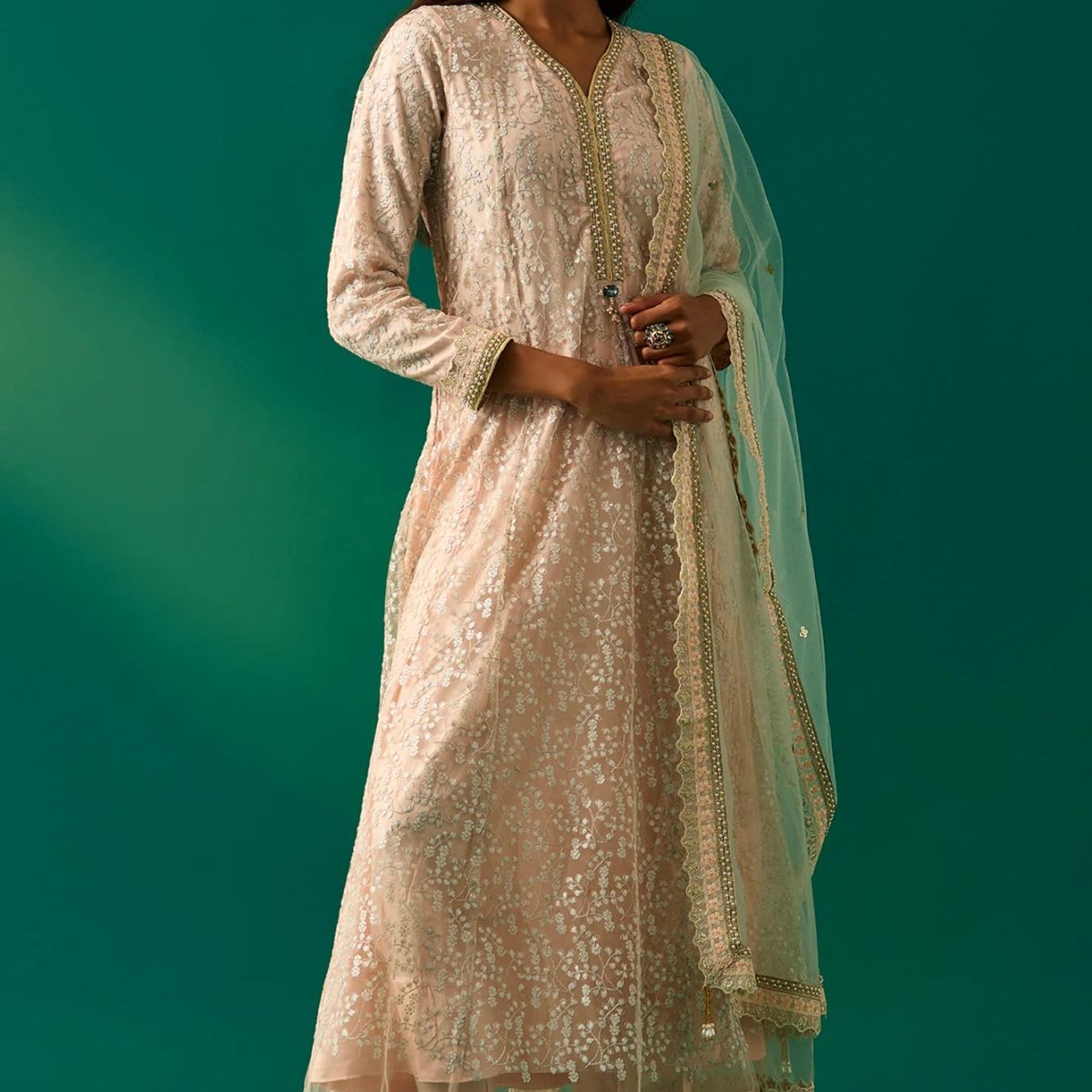 Beige Embroidered Anarkali Net Kurta with Churidar and Dupatta Set