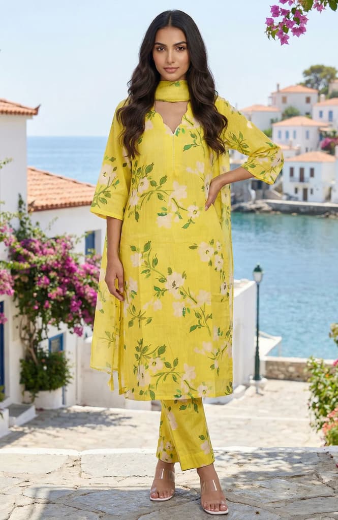 Yellow Floral Printed Pure Cotton Straight Kurta with Pants and Dupatta Set — photo 2