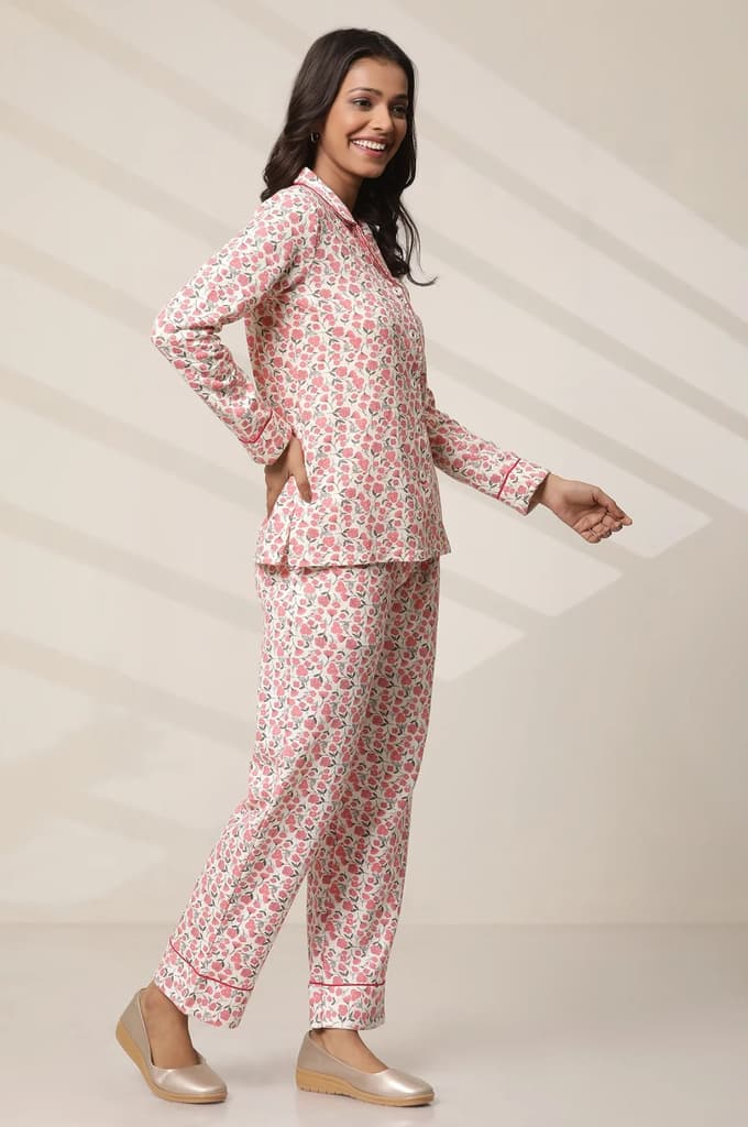 White and Pink Floral Printed Top and Palazzo lounge Wear Set — photo 3