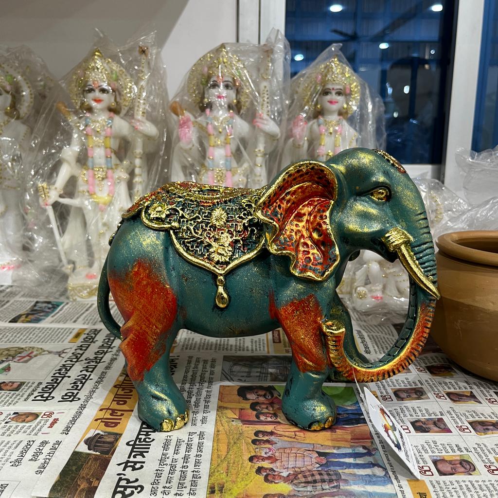 Elephant Statue | Decorative | Wood | Blue, Gold, Orange
