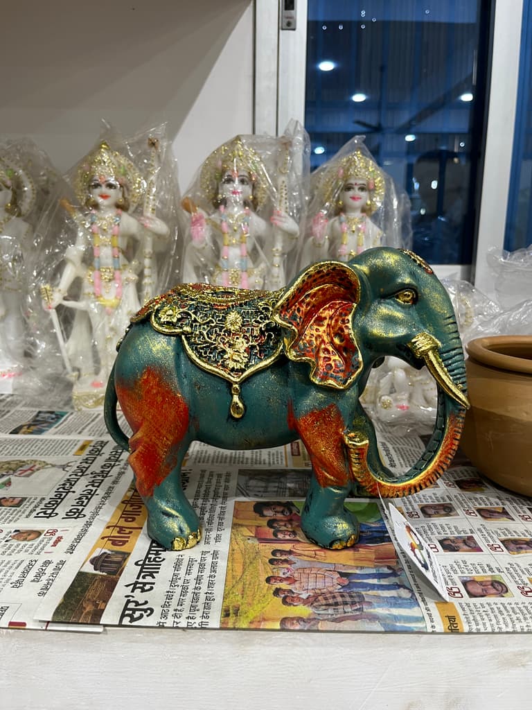 Elephant Statue | Decorative | Wood | Blue, Gold, Orange