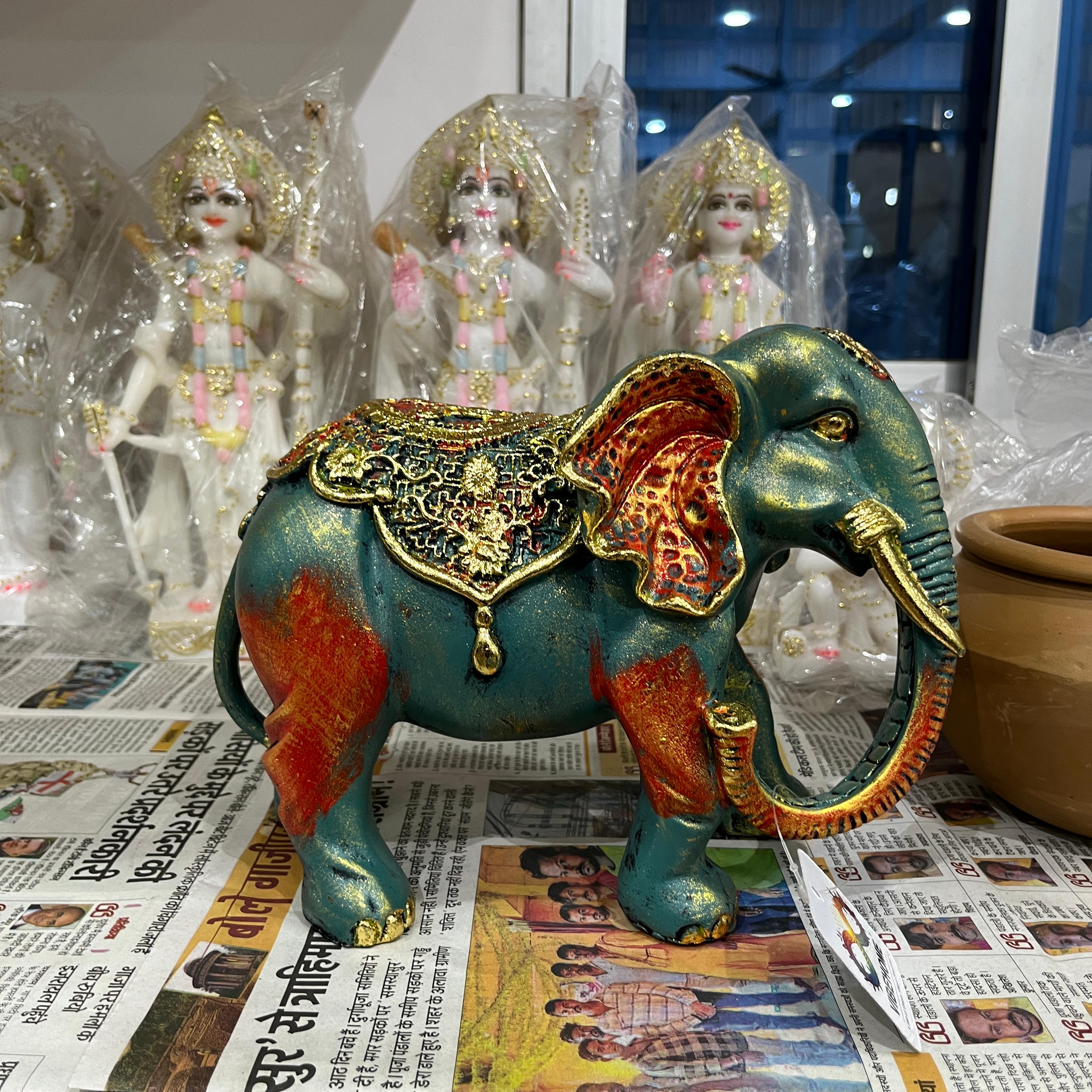 Elephant Statue | Decorative | Wood | Blue, Gold, Orange