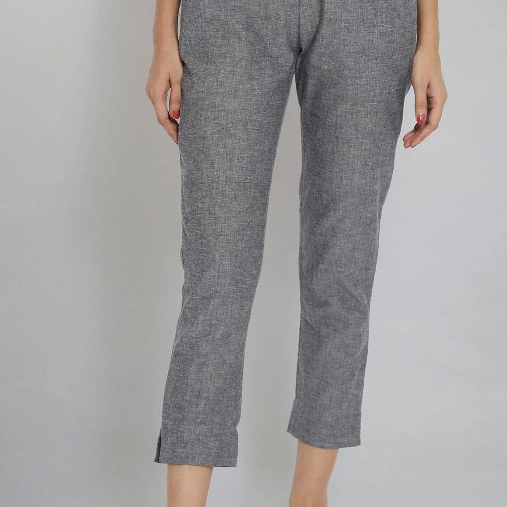 Grey Solid Straight Fit Cotton Trousers With Elasticated Waistband
