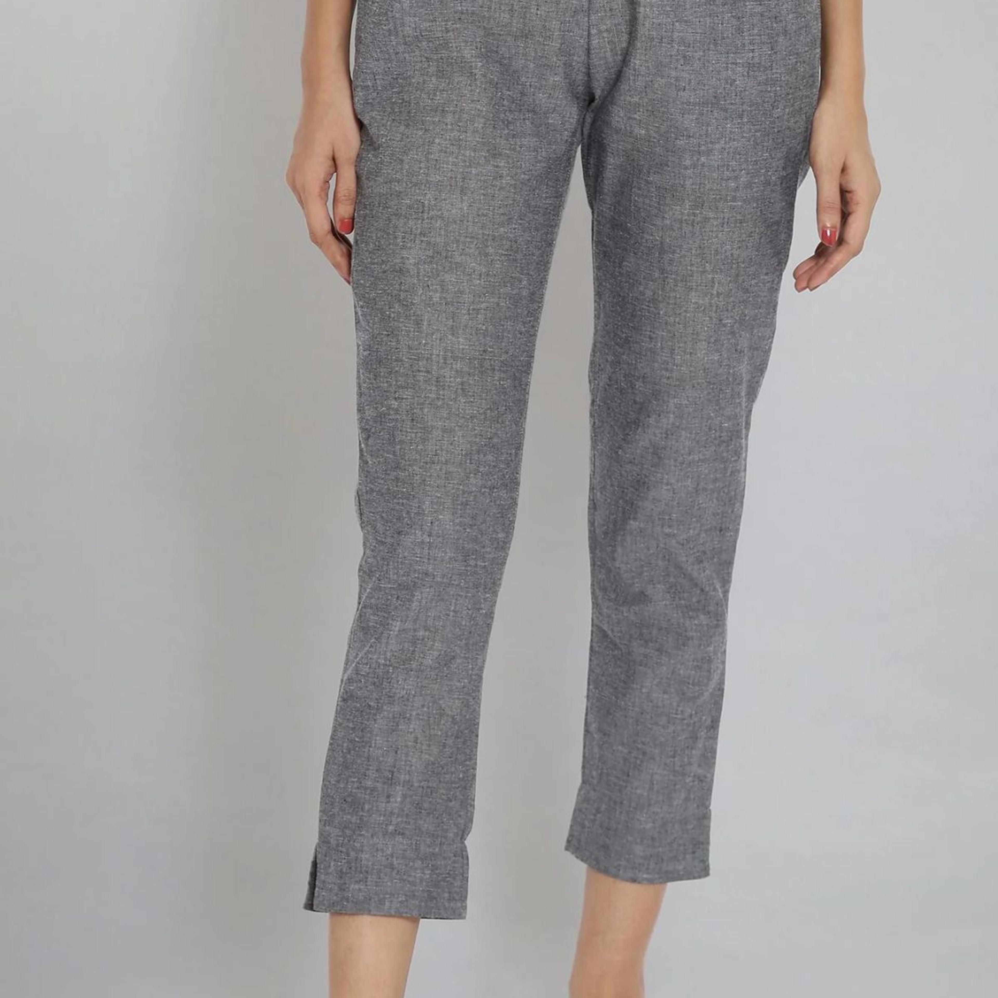 Grey Solid Straight Fit Cotton Trousers With Elasticated Waistband