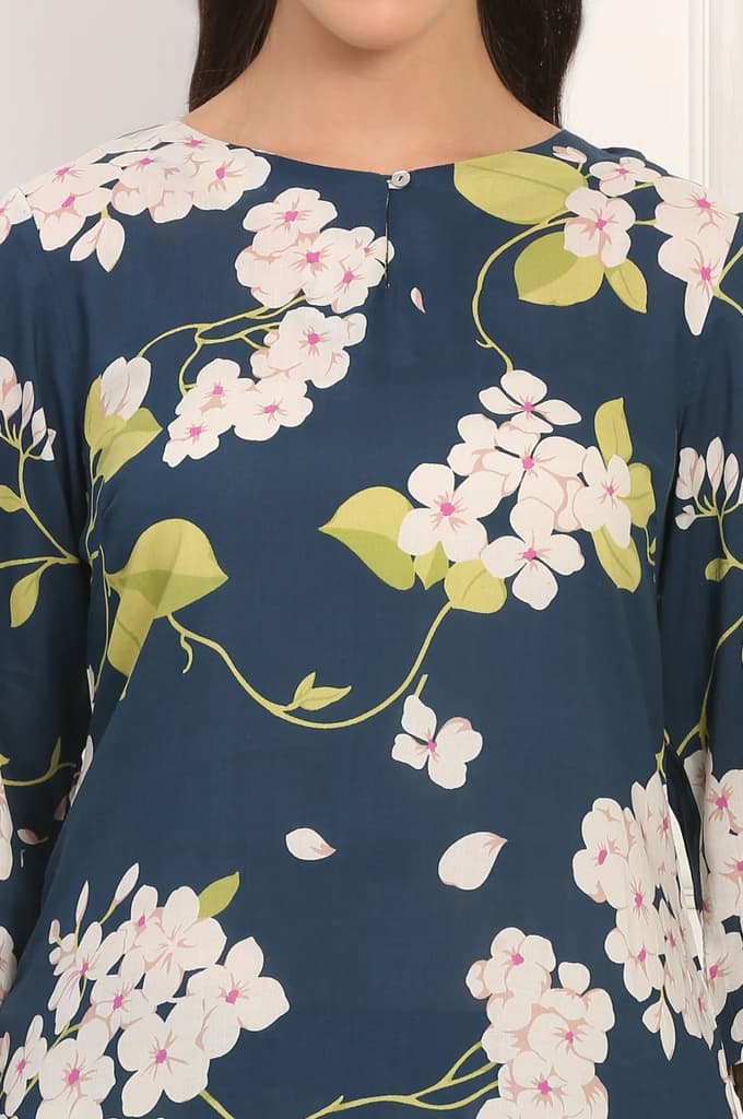 Navy Blue Floral Printed Straight Pure Cotton Kurta and Straight Pants Co-ord Set — photo 3