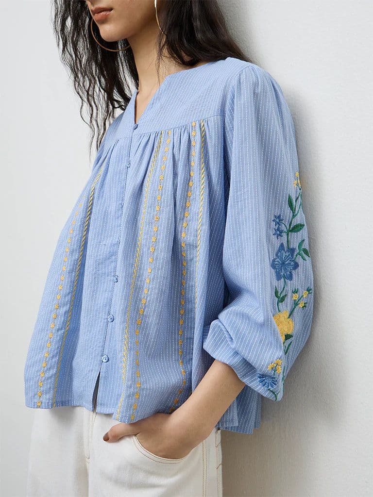 Bombay Paisley Blue Embroidered Cotton Top — photo 3