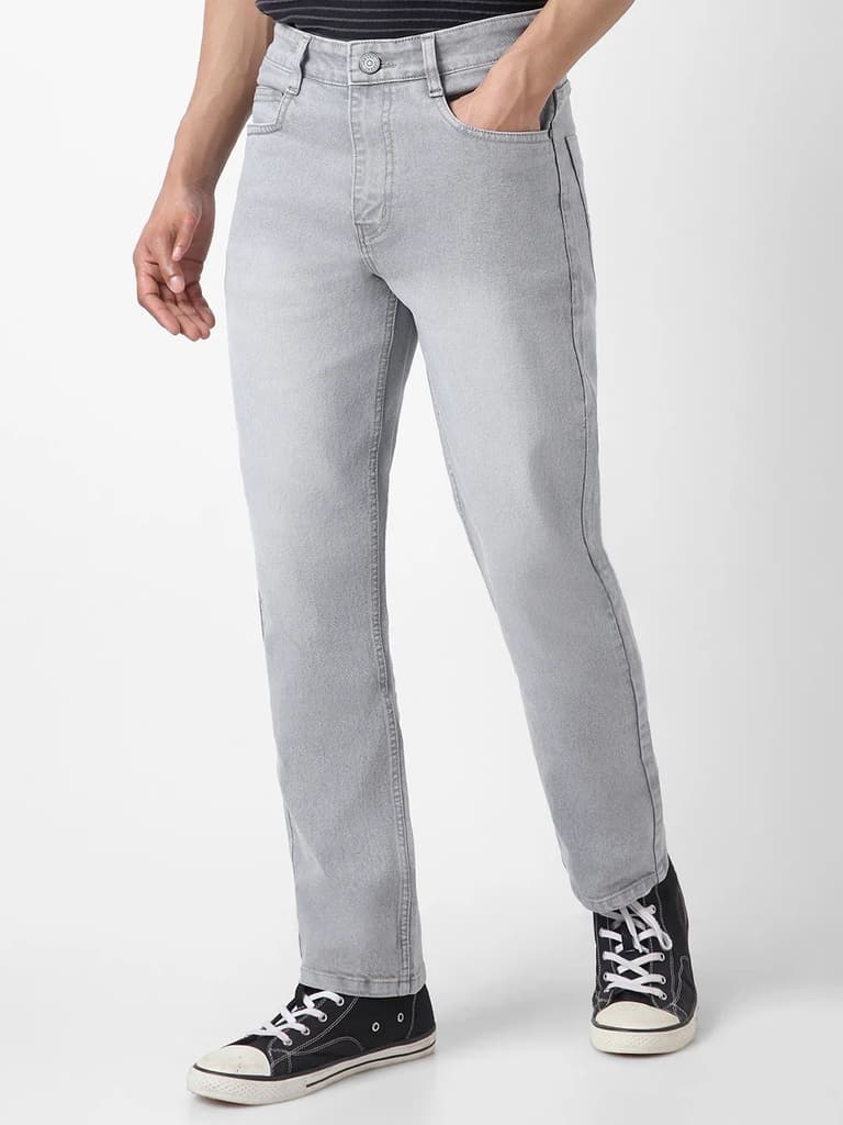 Men's Light Grey Straight Fit Washed Jeans Stretchable — photo 2