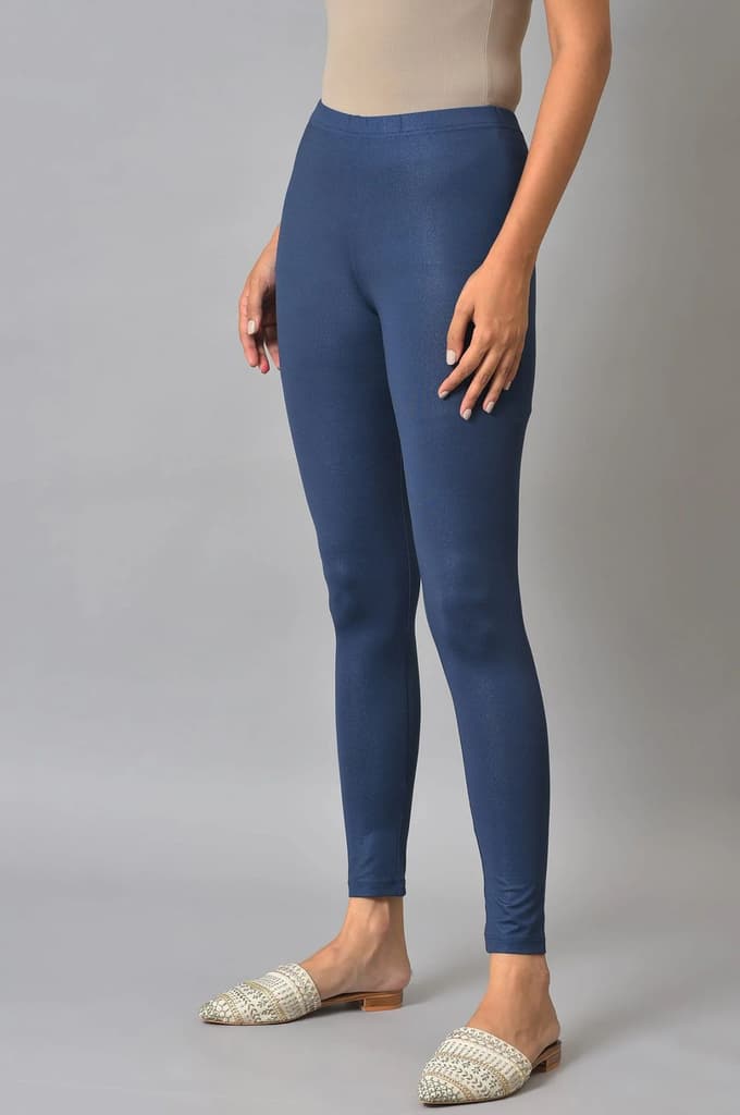 Blue Solid Skinny Fit Tights With Slip On Closure — photo 3