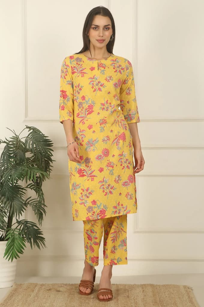 Yellow Floral Printed Swiss Dot Cotton Straight Kurta and Pants Co-ord Set — photo 3