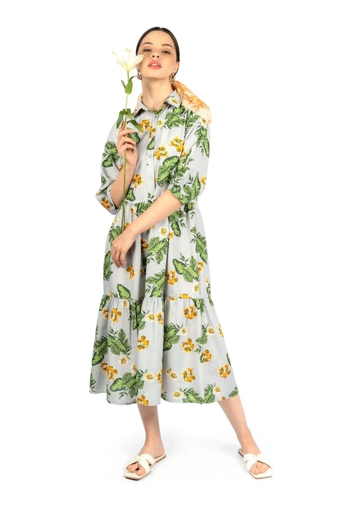 Grey & Green Floral Loose Midi Dress — photo 6