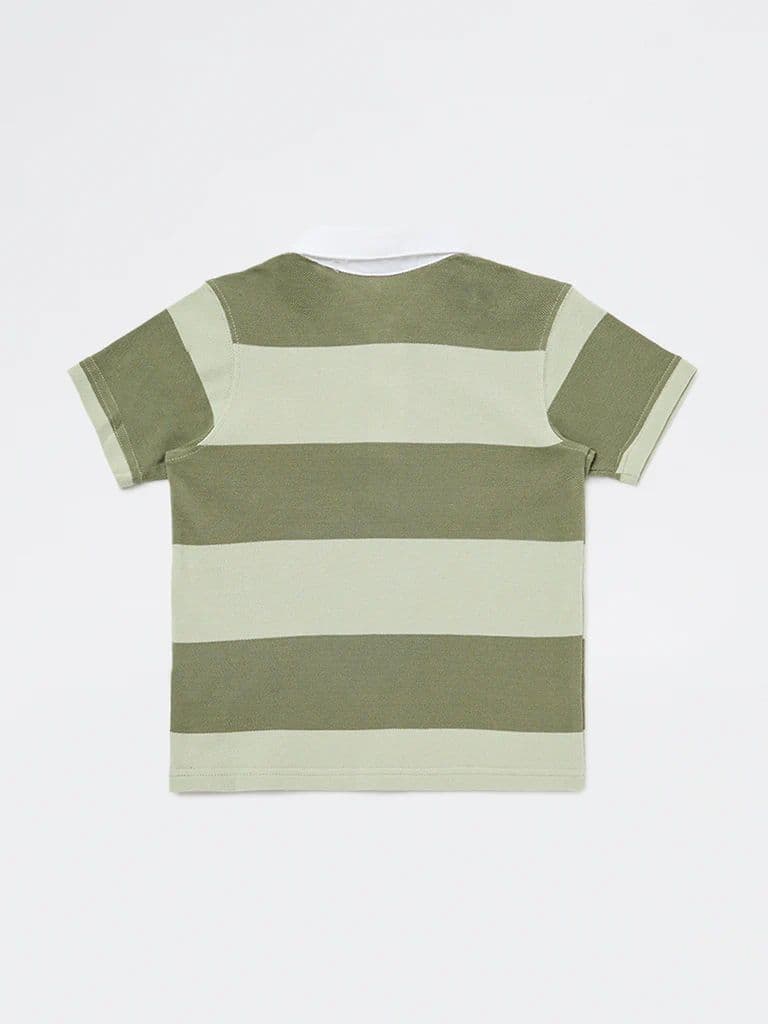 HOP Kids Boys Olive Striped Cotton Polo T-Shirt — photo 5