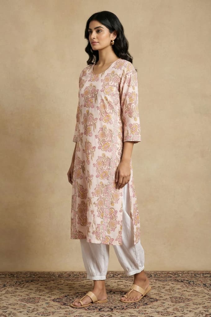 White Floral Printed Pure Cotton Straight Kurta — photo 6