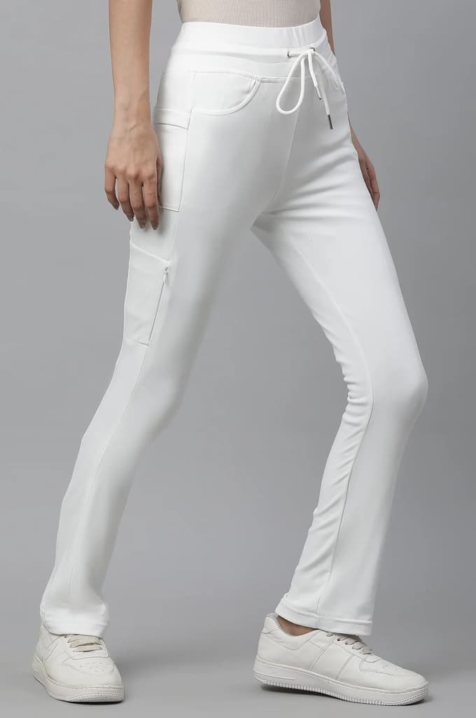 White Solid Boot Cut Pants With Drawstring — photo 4