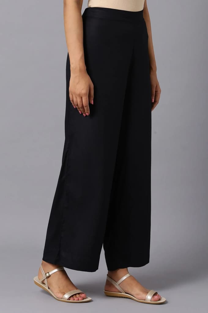 Black Solid Wide Leg Woven Palazzo With Elasticated Waistband — photo 4
