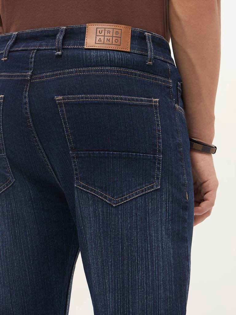 Men's Dark Blue Straight Fit Washed Denim Jeans Stretchable — photo 7