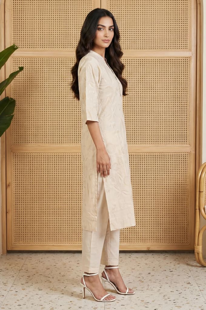 Beige Floral Printed Buttons Cotton Blend Straight Kurta with Pants Set — photo 5