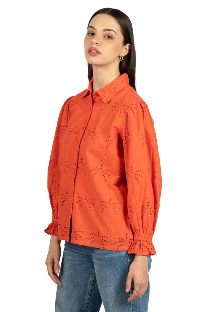 Red Solid Cotton Schiffli Collared Shirt — photo 5