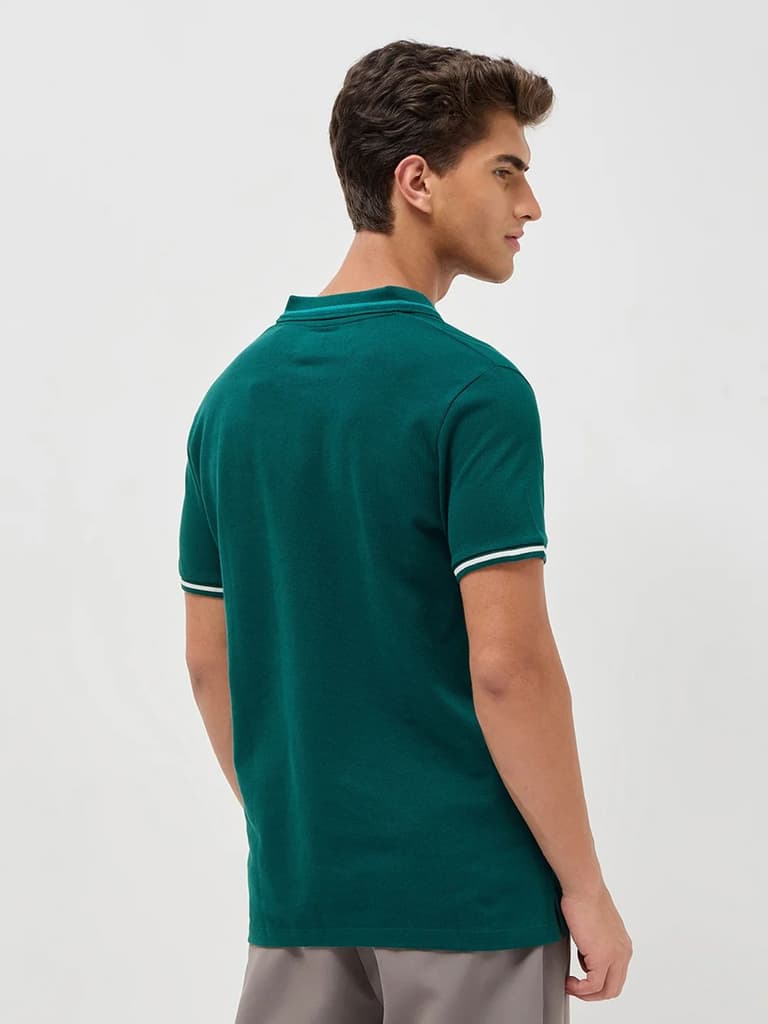 Men's Teal Green Solid Regular Fit Half Sleeve Cotton Polo T-Shirt — photo 3