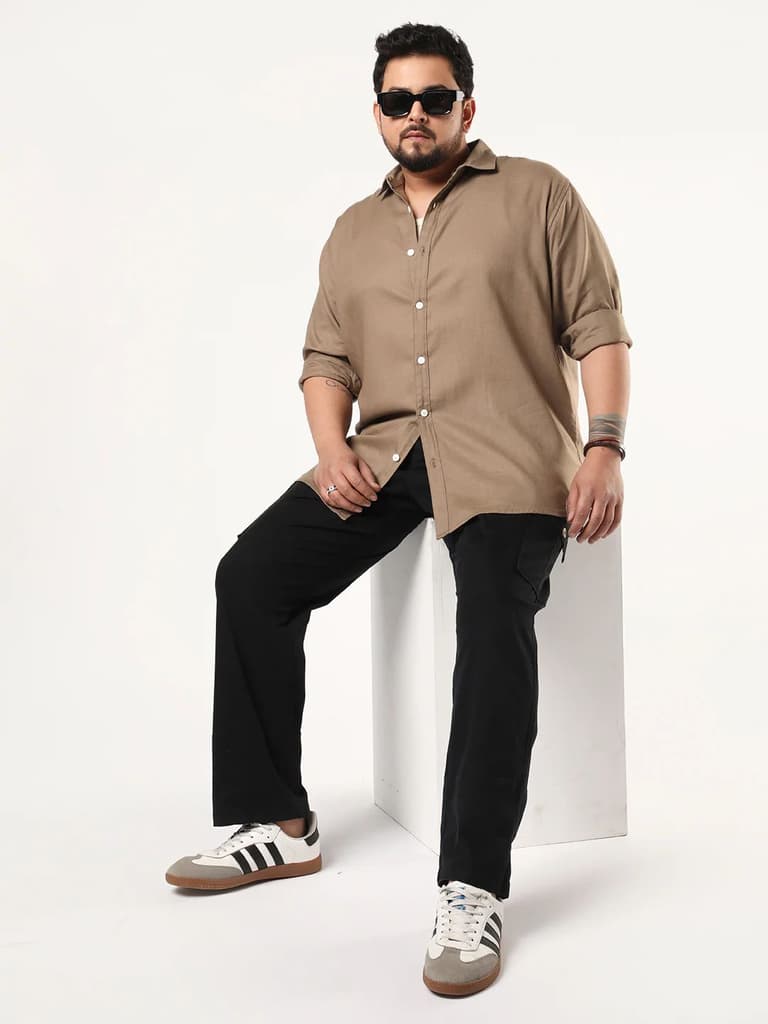 Plus Men's Coffee Linen Blend Full Sleeve Relaxed Fit Casual Solid Shirt — photo 4