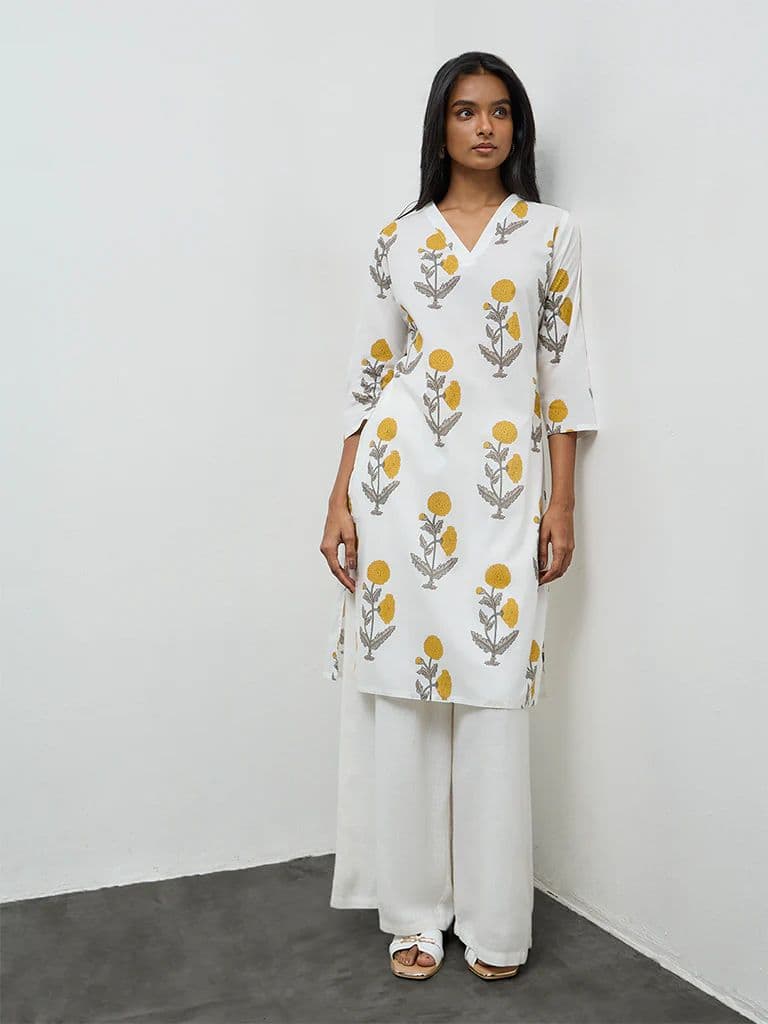 Utsa White Floral Pattern Cotton Straight Kurta — photo 2