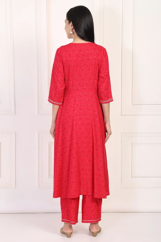 Red Embroidered A-Line Kurta and Straight Trouser Set — photo 5