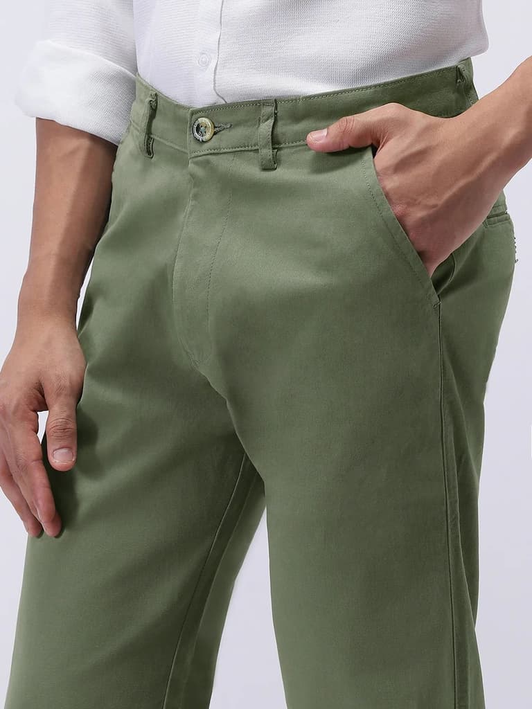 Men's Sage Green Cotton Regular Fit Casual Chinos Trousers Stretch — photo 6