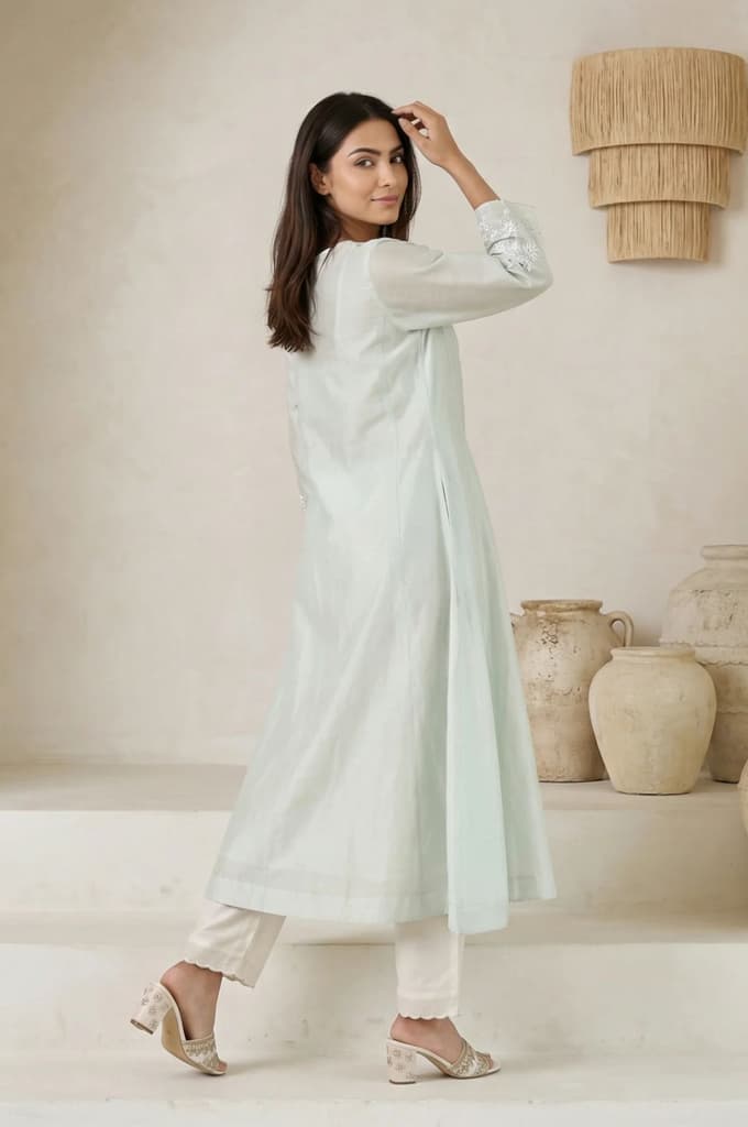 Sea Green Embroidered Pearl Work Cotton Blend A-line Kurta — photo 5