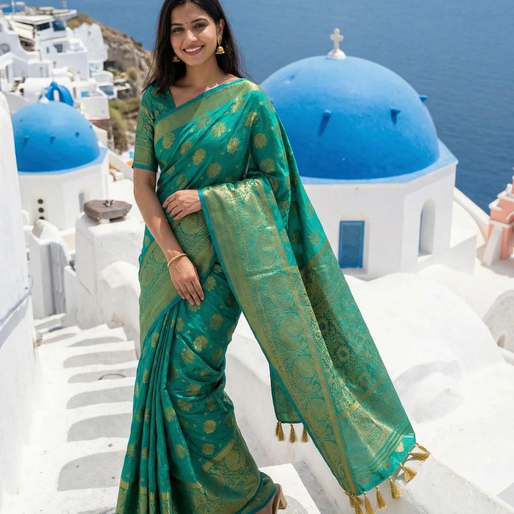 MIMOSA Women's Woven Design Kanjivaram Style Art Silk Saree with Blouse Piece - Saffire ( SA00003142SFFREE )
