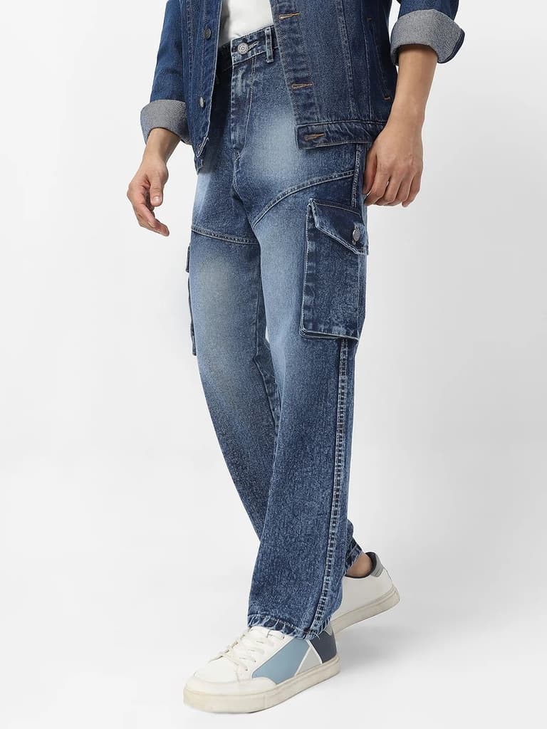 Men's Blue Loose Fit Cargo Jeans With 7 Pockets Non Stretchable — photo 2