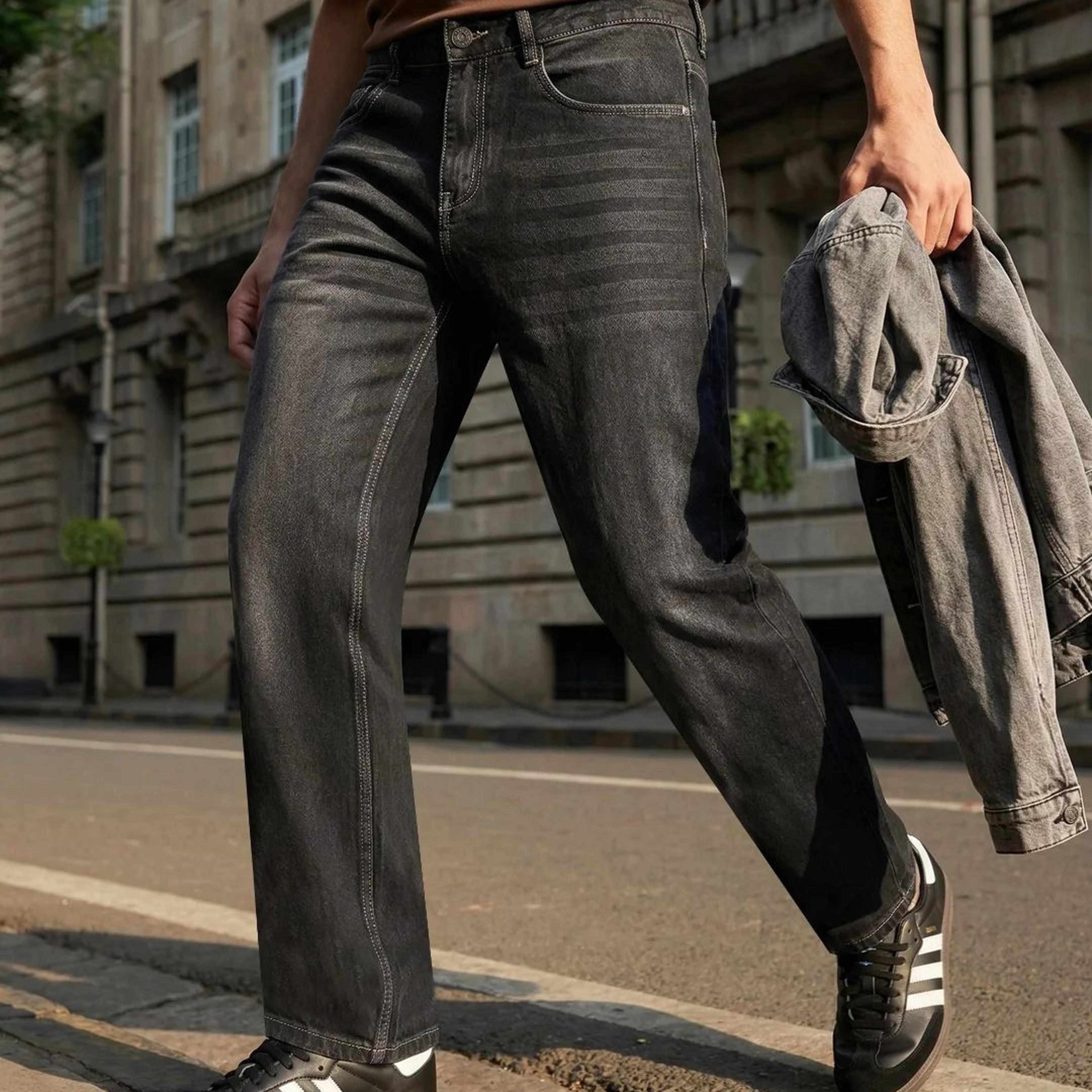 Men's Dark Grey Relaxed Fit Washed Denim Jeans Non-Stretchable
