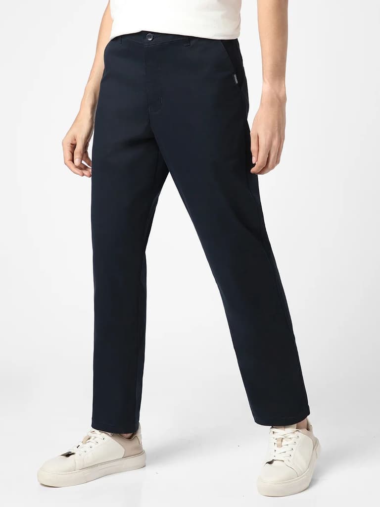 Men's Navy Blue Cotton Regular Fit Casual Chinos Trousers Stretch — photo 2