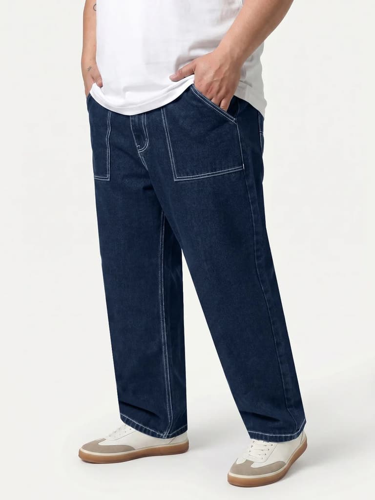 Plus Men's Blue Loose Baggy Fit Washed Denim Jeans Non-Stretchable — photo 2