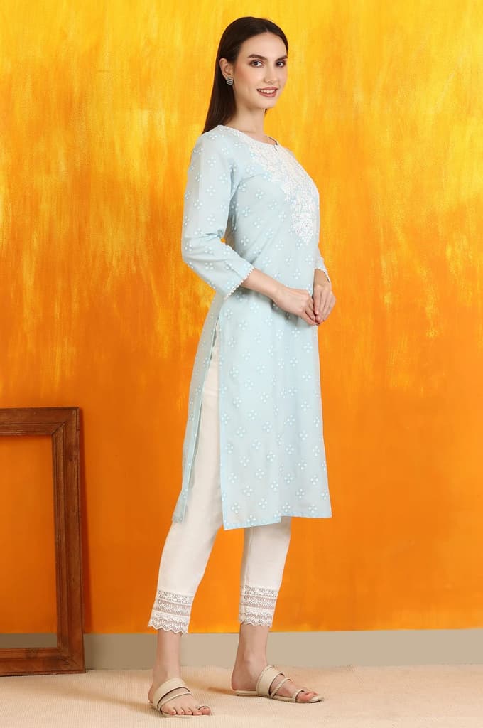Light Blue Printed Pure Cotton Straight Kurta with Embroidery — photo 7
