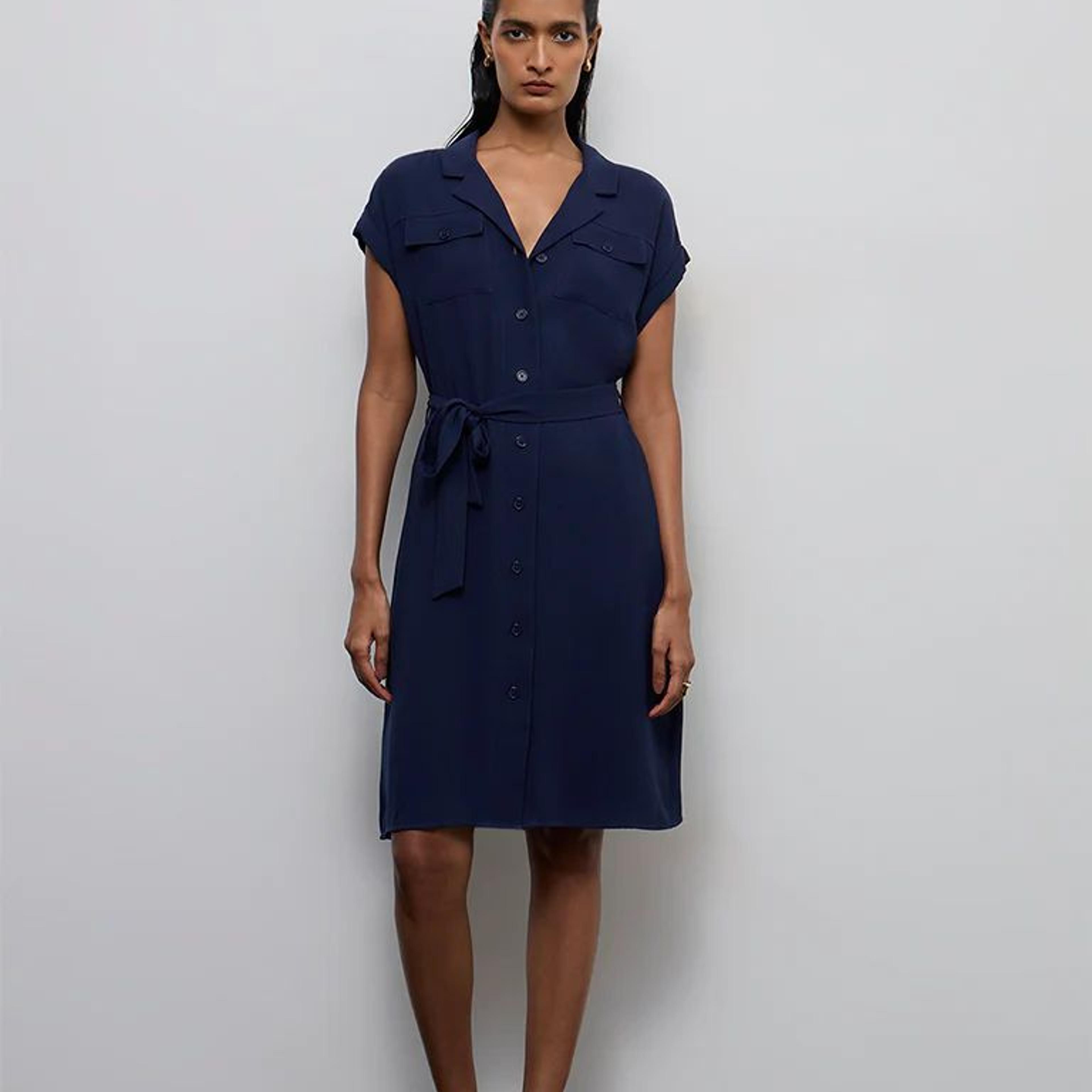 Wardrobe Navy Solid Shirt Dress with Belt