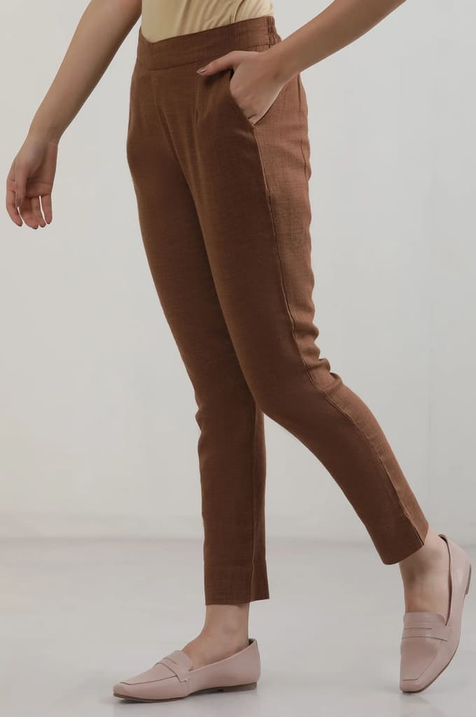Brown Solid Straight Fit Cotton Pants — photo 2