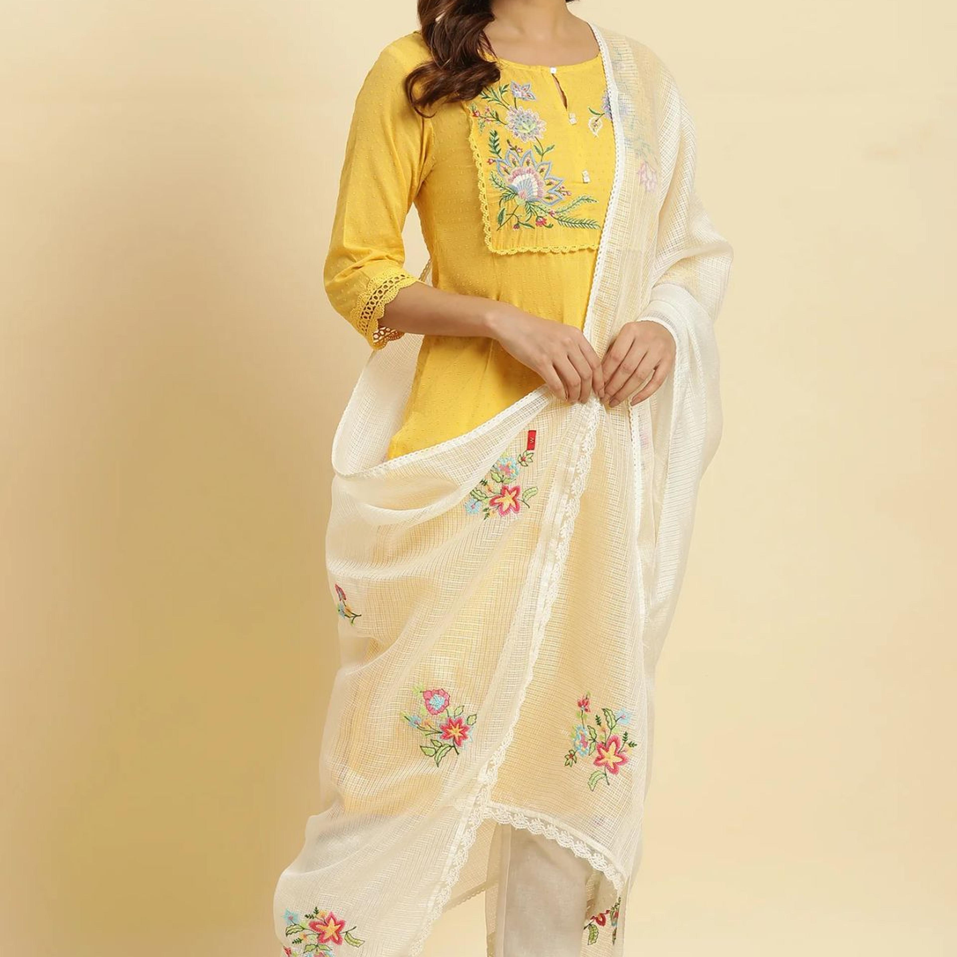 White Floral Embroidered Lace Trim Kota Dupatta