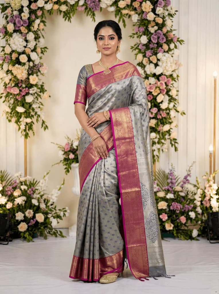 MIMOSA Women's Woven Design Kanjivaram Style Art Silk Saree with Blouse Piece - Navy Blue (SA00002866NVFREE) — photo 2