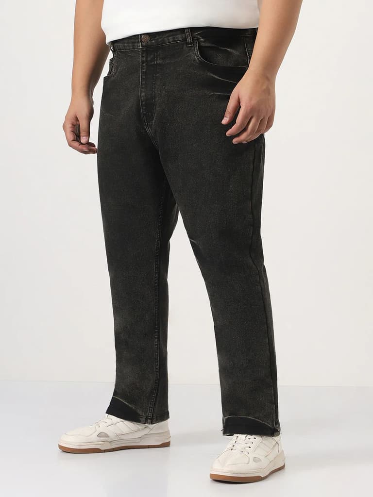 Plus Men's Black Straight Fit Heavy Washed Jeans Stretchable — photo 2