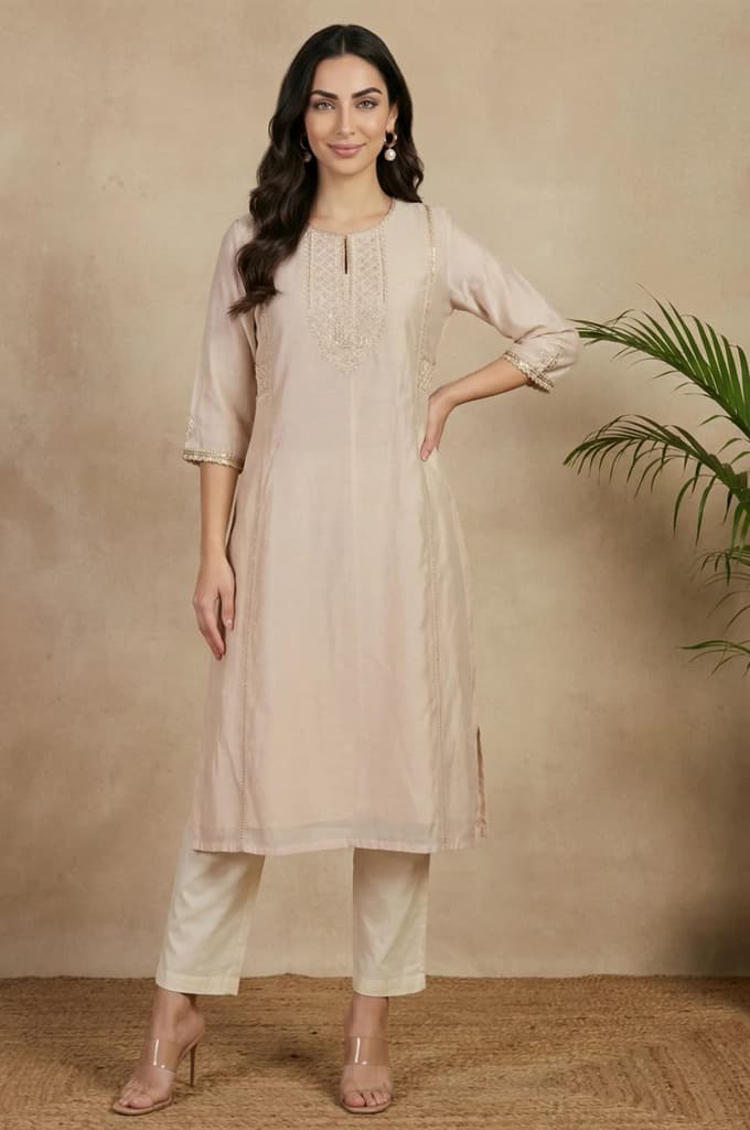Beige Solid Pure Cotton Ankle Length Straight Pants — photo 5
