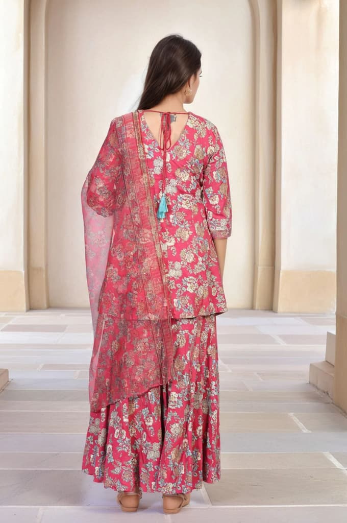 Pink Floral Printed Lace Trim Flared Rayon Kurta with Sharara and Dupatta Set — photo 5