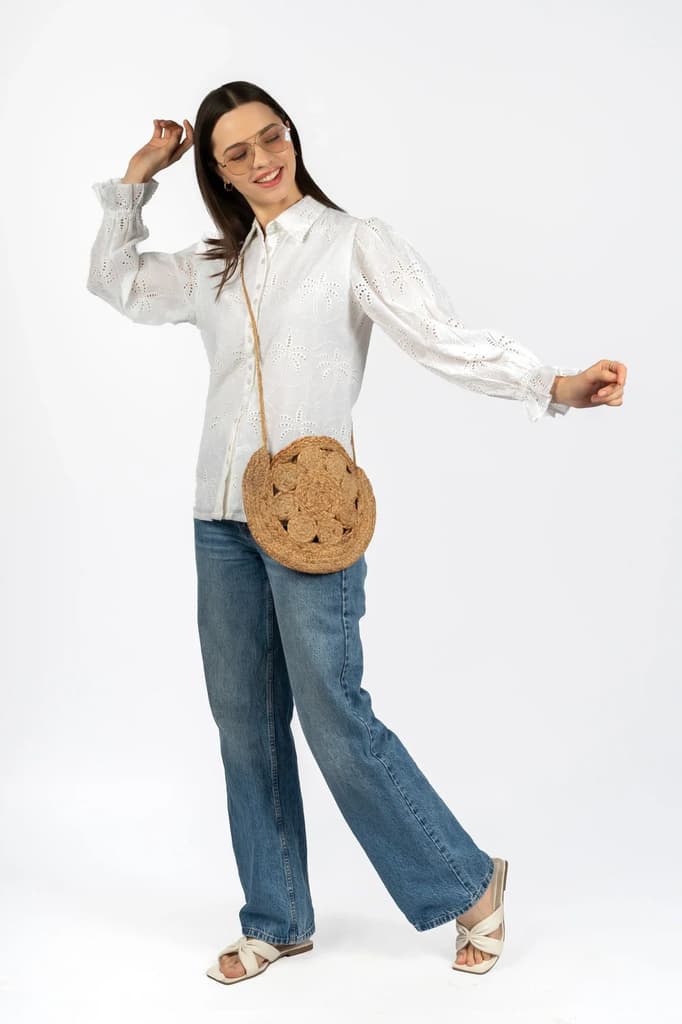 Cotton Schiffly Solid White Collared Top — photo 6