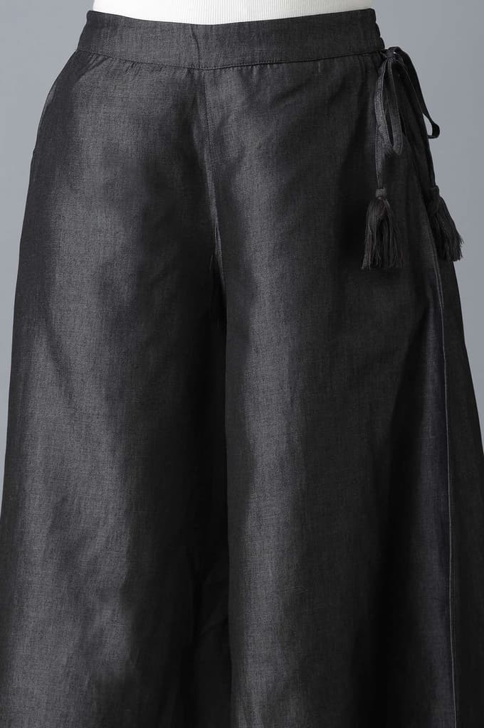 Black Solid Flared Cotton Culottes With Drawstring — photo 6