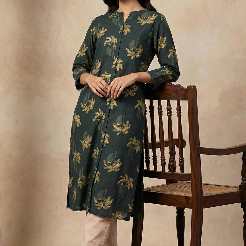 Green Botanical Printed Beadwork Pure Cotton Straight Kurta