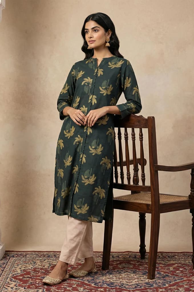 Green Botanical Printed Beadwork Pure Cotton Straight Kurta — XS