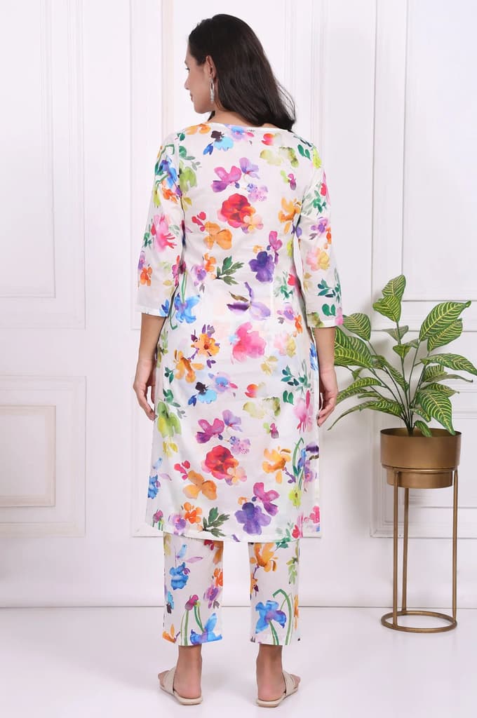 White Floral Printed Pure Cotton Straight Kurta and Straight Pants Set — photo 5