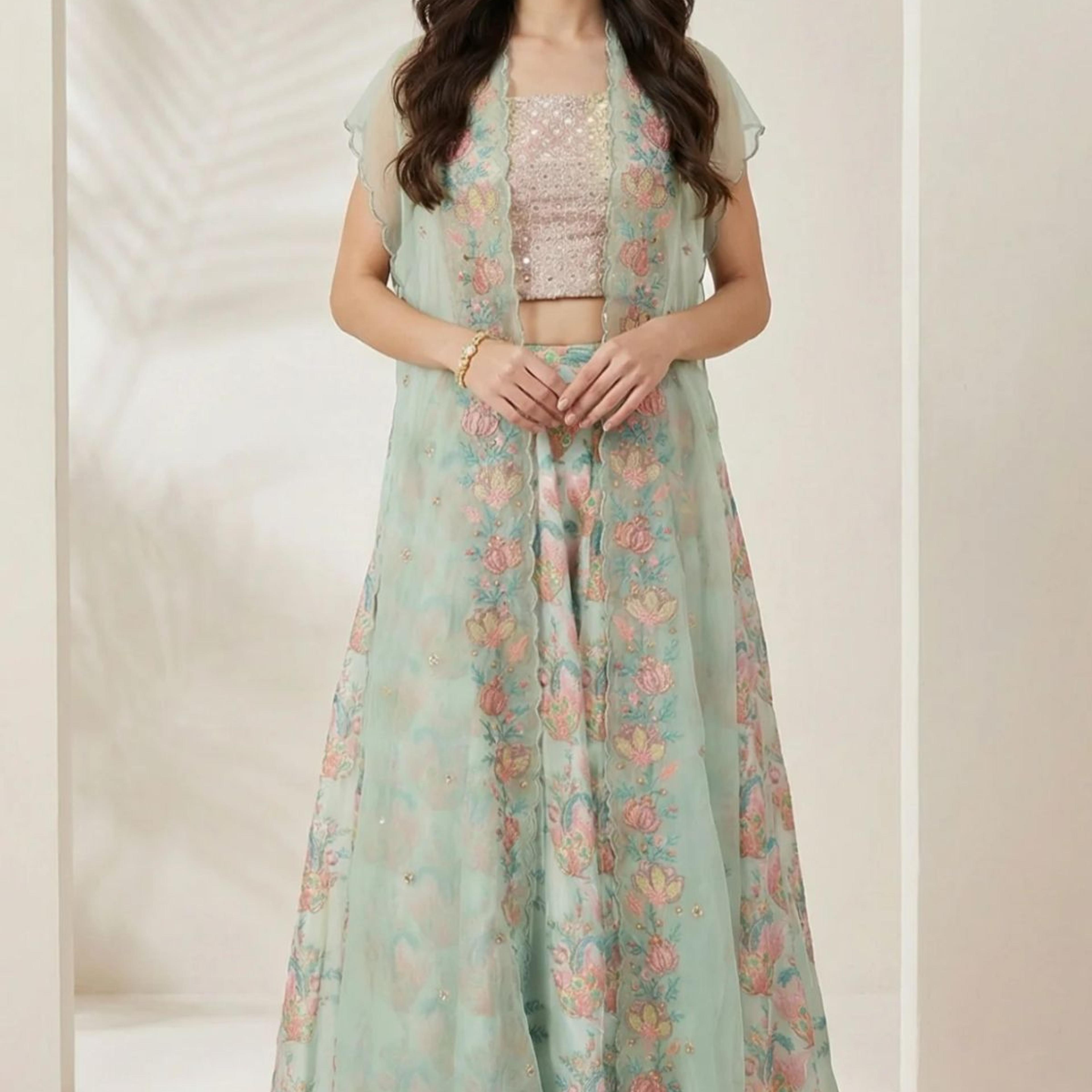 Sea Green Embroidered Blouse with Printed Flared Skirt and Embroidered Jacket Set