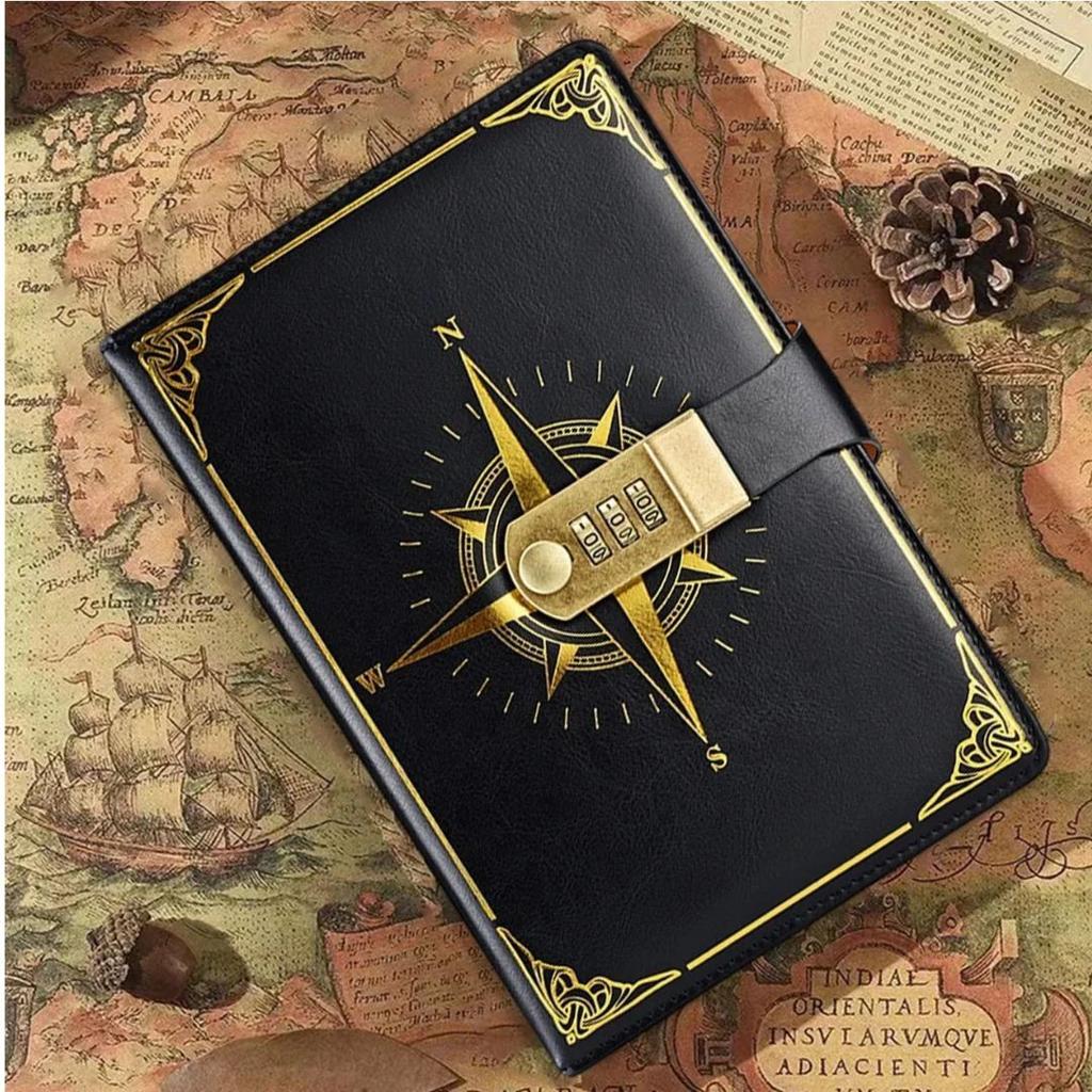 Leather Compass Lock Diary with 3-Digit Password – Vintage Hardcover Personal Journal (A5 Size) — Black