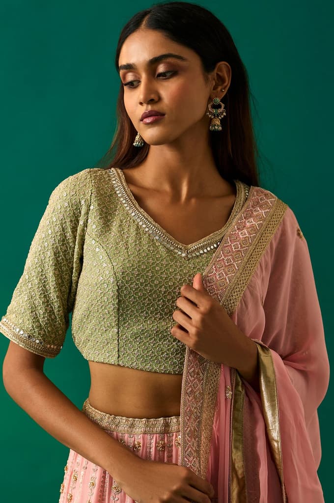 Green Embroidered Anarkali Blouse with Skirt and Dupatta Set — photo 2